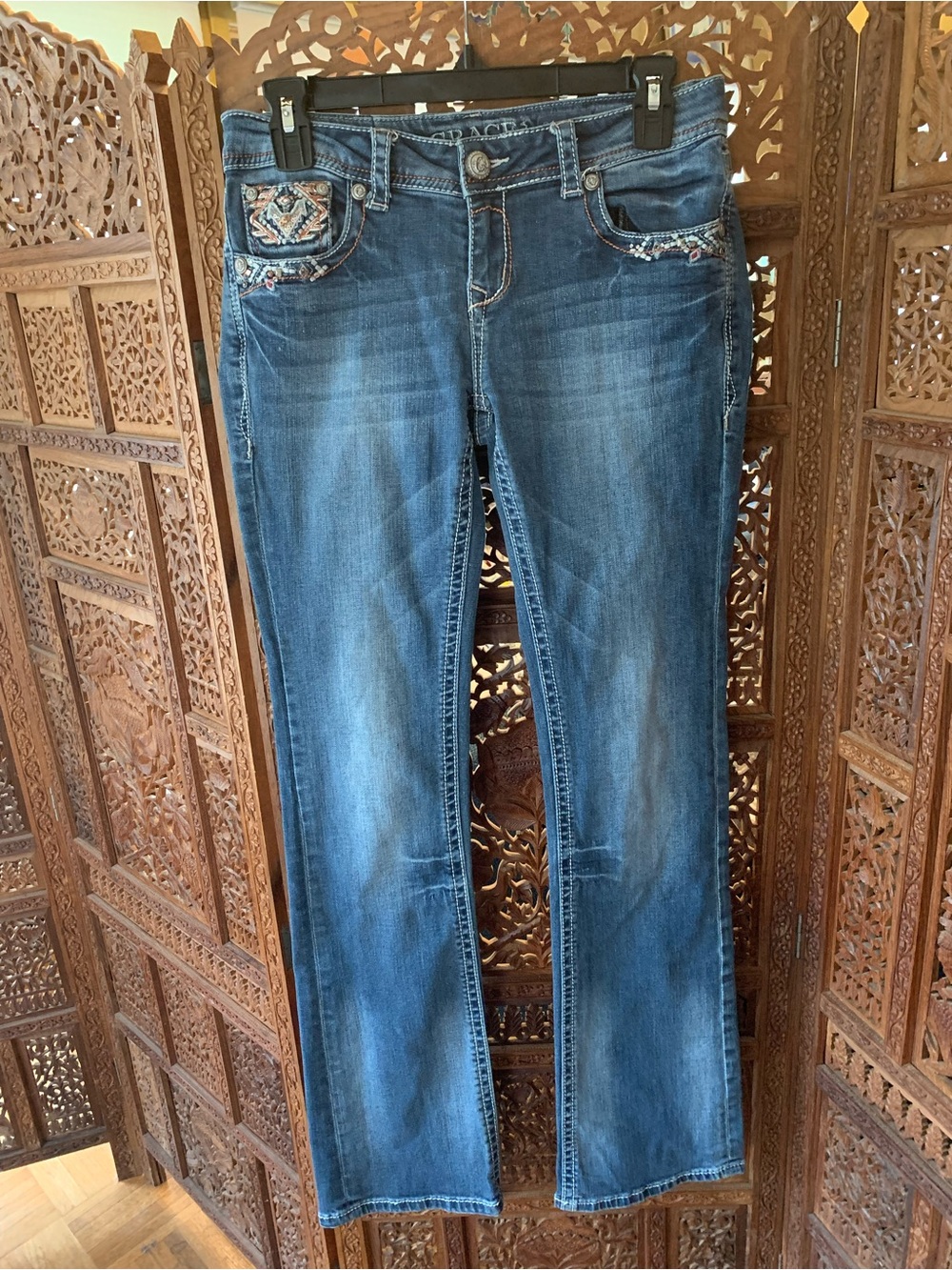 Grace in LA Dark Blue Embroidered Bootcut Jeans - Picture 2 of 4